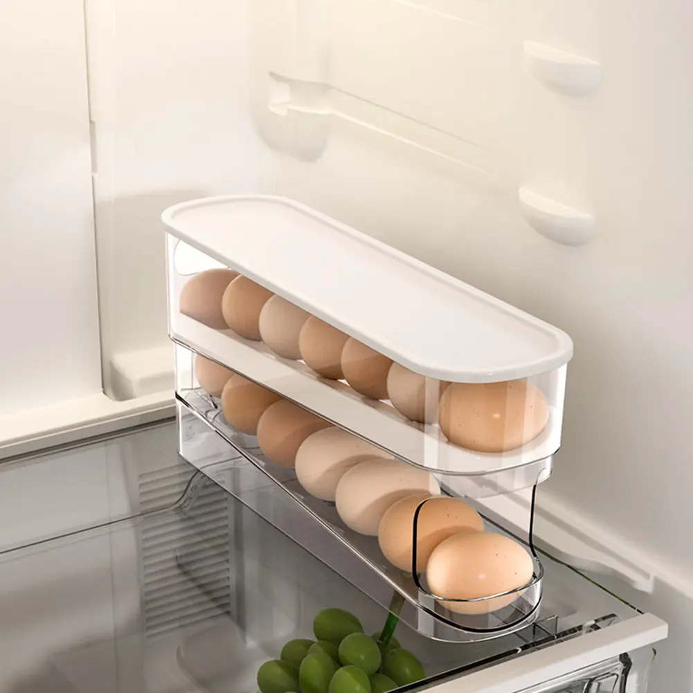 Automatic Scrolling Egg Holder with Lid Fridge Egg Dispenser Double Rows Refrigerator Rolling Egg Holder for Fridge Refrigerator