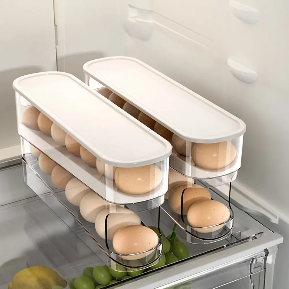 Automatic Scrolling Egg Holder with Lid Fridge Egg Dispenser Double Rows Refrigerator Rolling Egg Holder for Fridge Refrigerator
