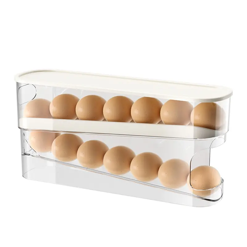 Automatic Scrolling Egg Holder with Lid Fridge Egg Dispenser Double Rows Refrigerator Rolling Egg Holder for Fridge Refrigerator