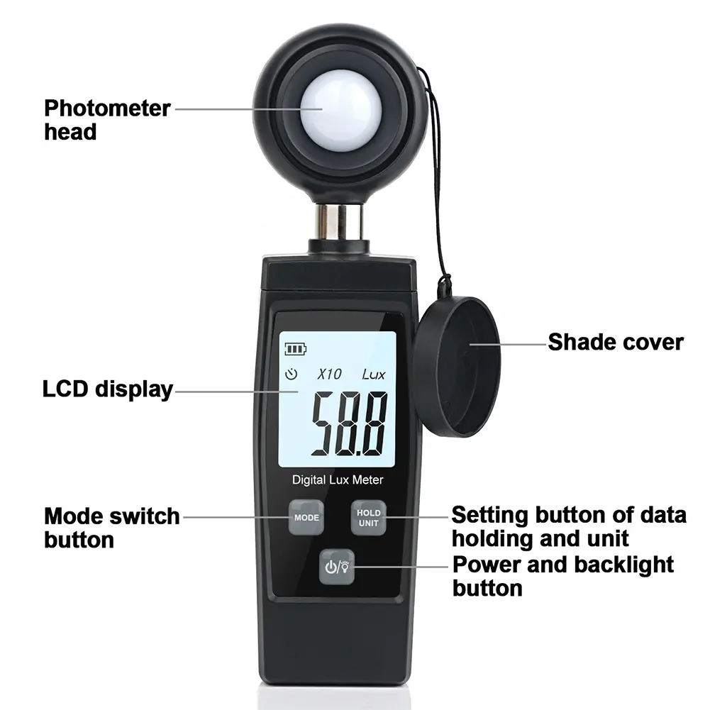 Digital Handheld Illuminometer LCD Display Luminometer 0-200000 Lux Photometer High Accuracy Luxmeter Lux/FC Measure Tester