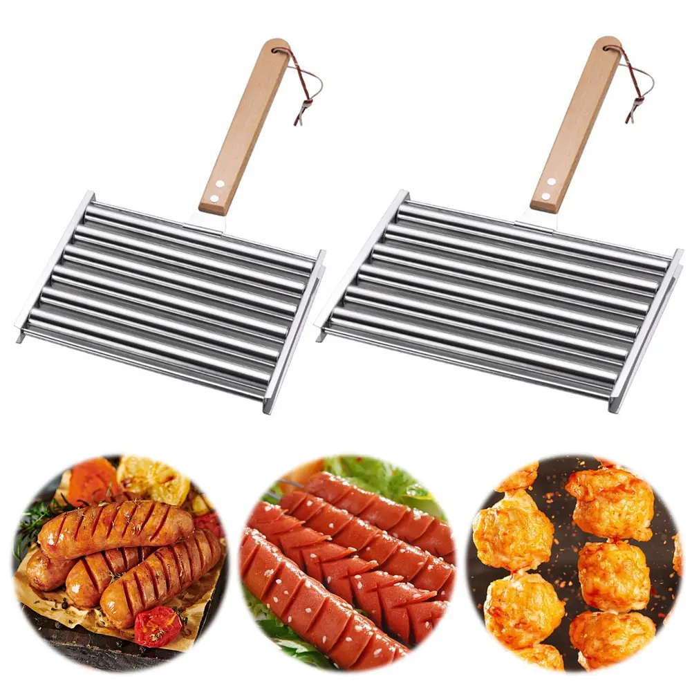 Hot Dog Roller Sausage Roller Stainless Steel Hot Dog Grill Roller 5 Hot Dog Capacity with Wooden Handle for BBQ Hotdog Roller