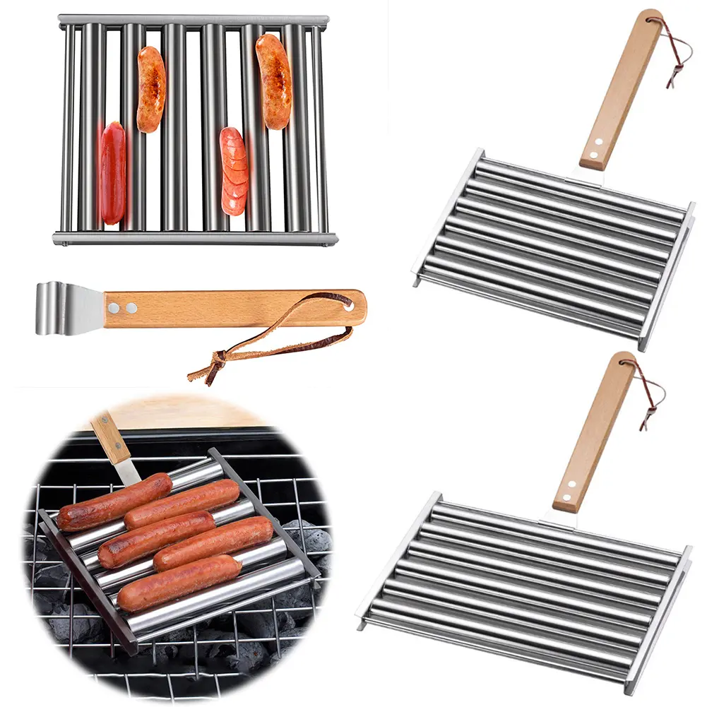 Hot Dog Roller Sausage Roller Stainless Steel Hot Dog Grill Roller 5 Hot Dog Capacity with Wooden Handle for BBQ Hotdog Roller