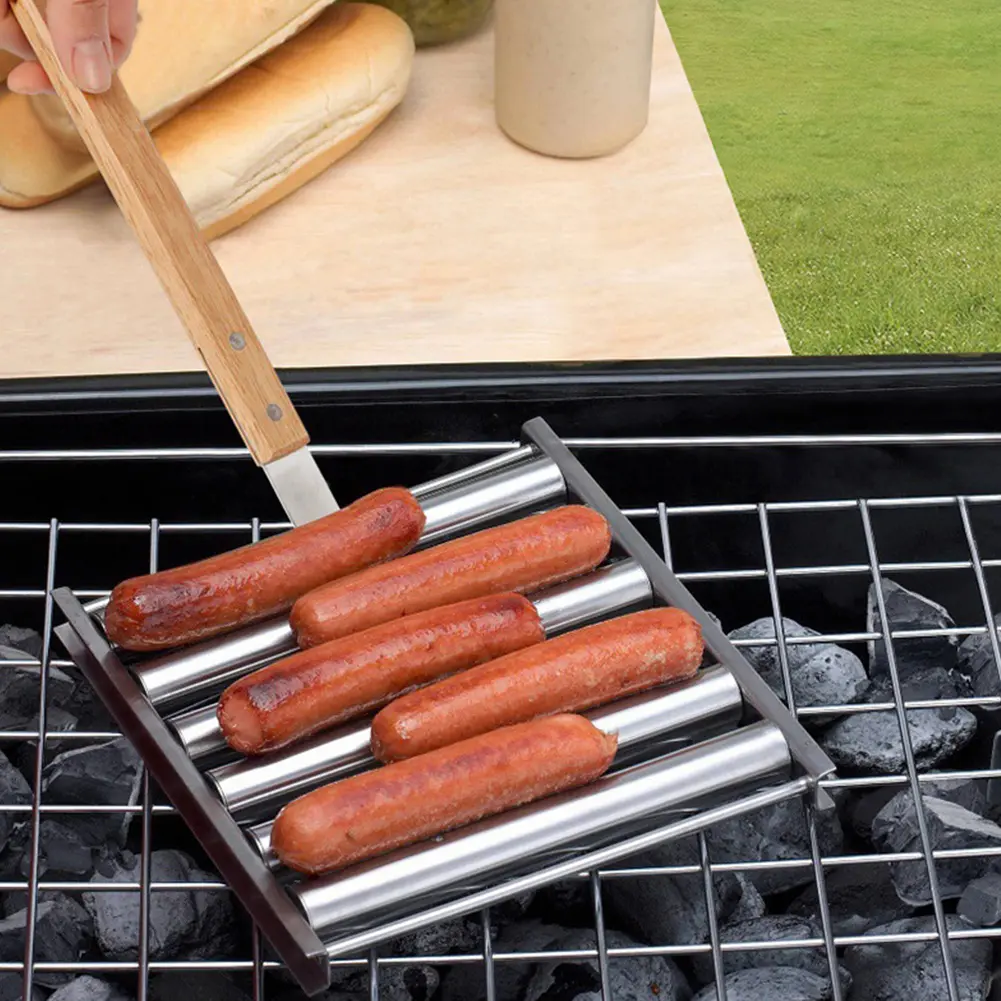 Hot Dog Roller Sausage Roller Stainless Steel Hot Dog Grill Roller 5 Hot Dog Capacity with Wooden Handle for BBQ Hotdog Roller
