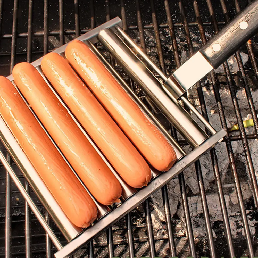 Hot Dog Roller Sausage Roller Stainless Steel Hot Dog Grill Roller 5 Hot Dog Capacity with Wooden Handle for BBQ Hotdog Roller