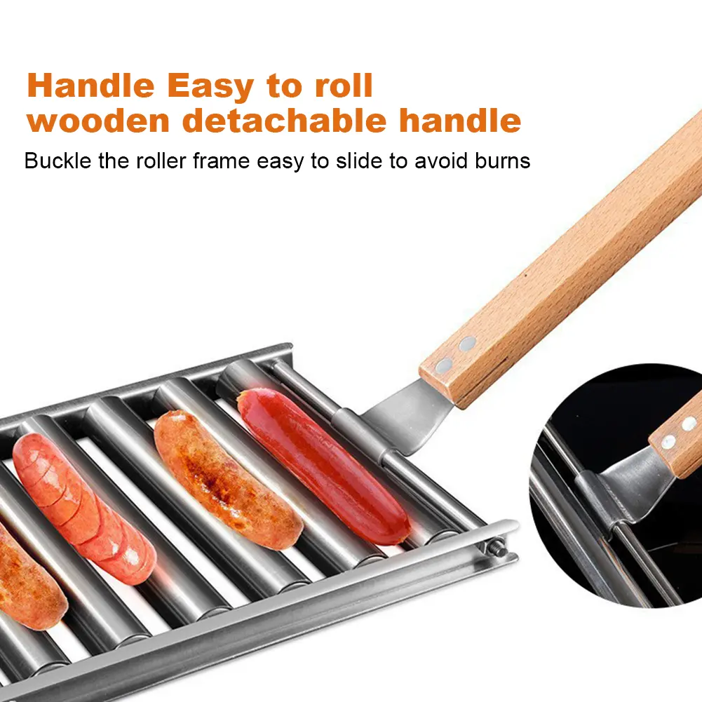 Hot Dog Roller Sausage Roller Stainless Steel Hot Dog Grill Roller 5 Hot Dog Capacity with Wooden Handle for BBQ Hotdog Roller