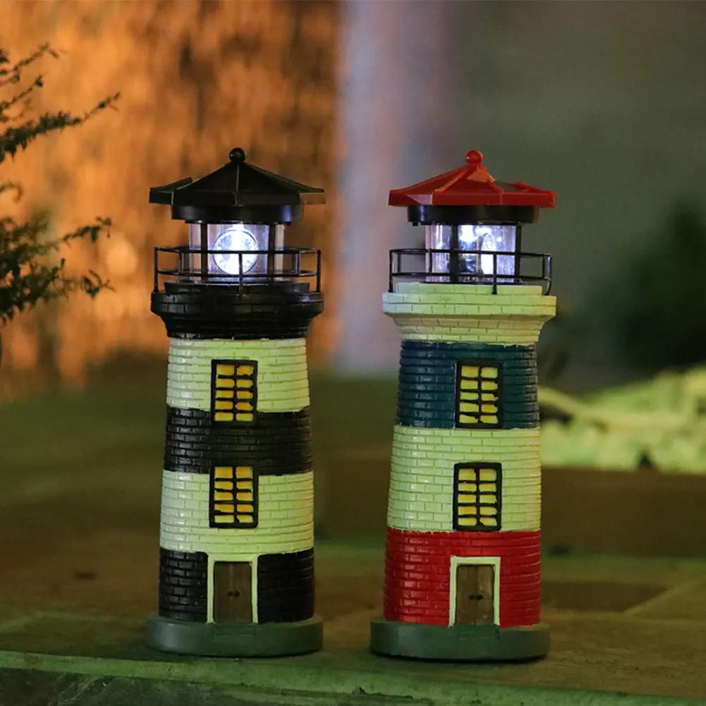 Solar Powered Resin Lighthouse Statue Lamp Decorative Lighthouse Light Lighthouse Model Light for Home Yard Outdoor Decor