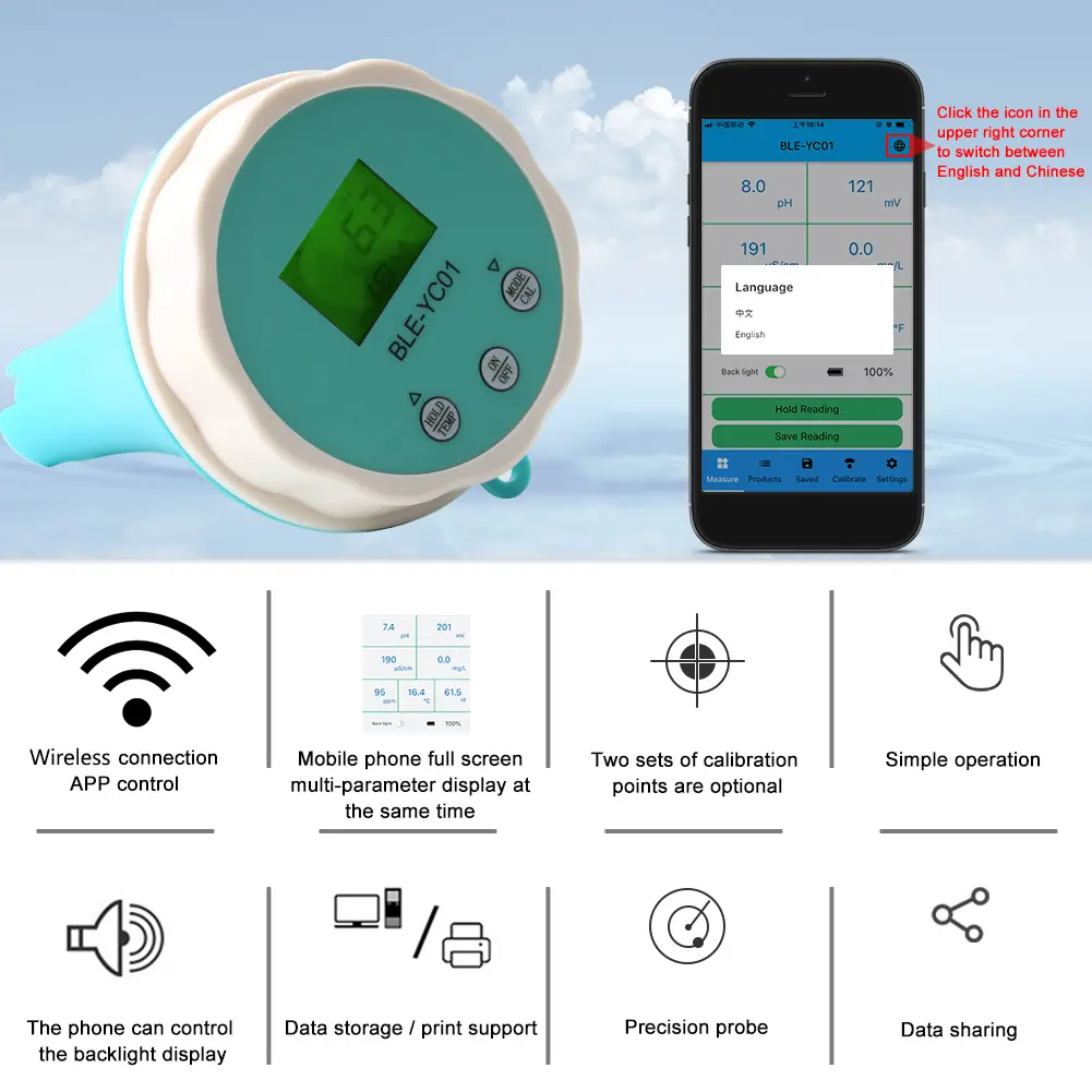 6-in-1 Residual Chlorine Monitor Backlit LCD Display Water Quality Tester Glass Probe Smart Equipment for Home Swimming Pool
