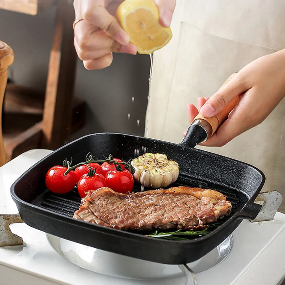 Cast Iron 7.4/9.1/9.25 Inch Grill Pan with Drip Spout Square Skillet with Wooden Handle Griddle for Indoor & Outdoor Grilling