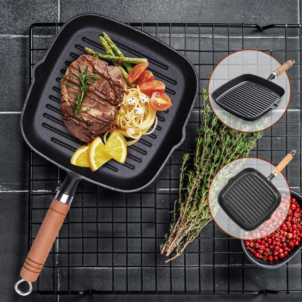 Cast Iron 7.4/9.1/9.25 Inch Grill Pan with Drip Spout Square Skillet with Wooden Handle Griddle for Indoor & Outdoor Grilling