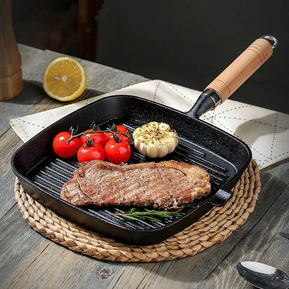 Cast Iron 7.4/9.1/9.25 Inch Grill Pan with Drip Spout Square Skillet with Wooden Handle Griddle for Indoor & Outdoor Grilling