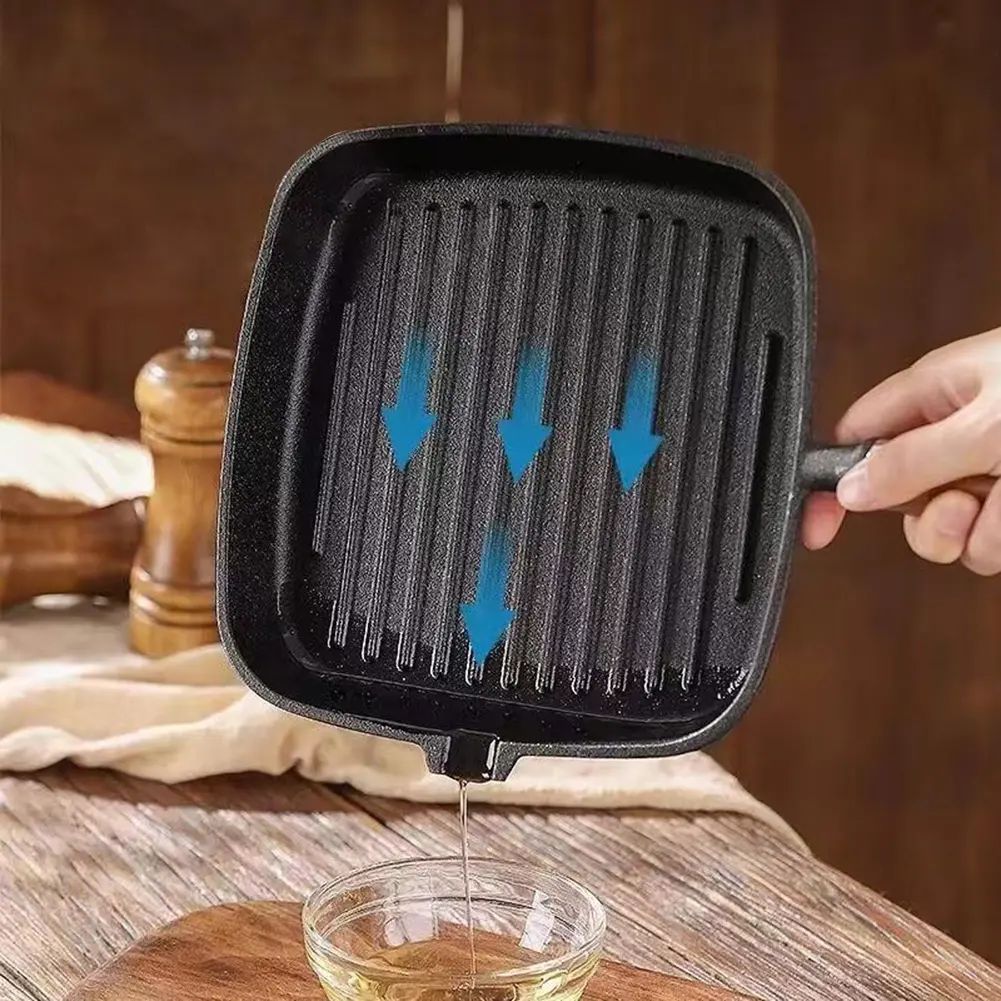 Cast Iron 7.4/9.1/9.25 Inch Grill Pan with Drip Spout Square Skillet with Wooden Handle Griddle for Indoor & Outdoor Grilling