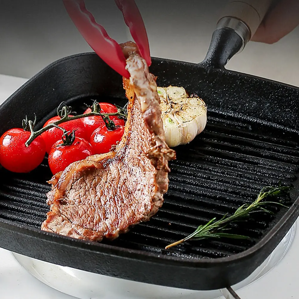 Cast Iron 7.4/9.1/9.25 Inch Grill Pan with Drip Spout Square Skillet with Wooden Handle Griddle for Indoor & Outdoor Grilling