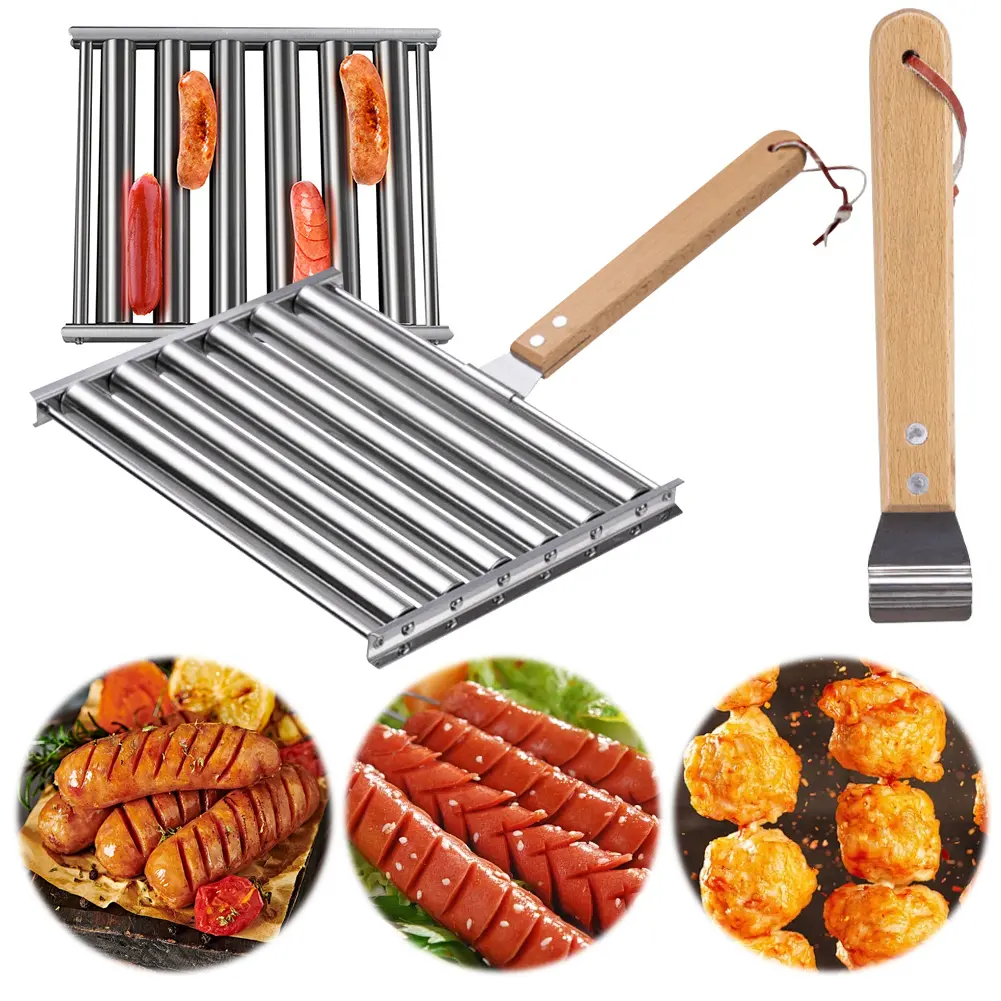 Stainless Steel Hotdog Roller Grill with Extra Long Wood Handle Sausage Roller Rack Sausage Corn Roller for Barbecue Party Tools