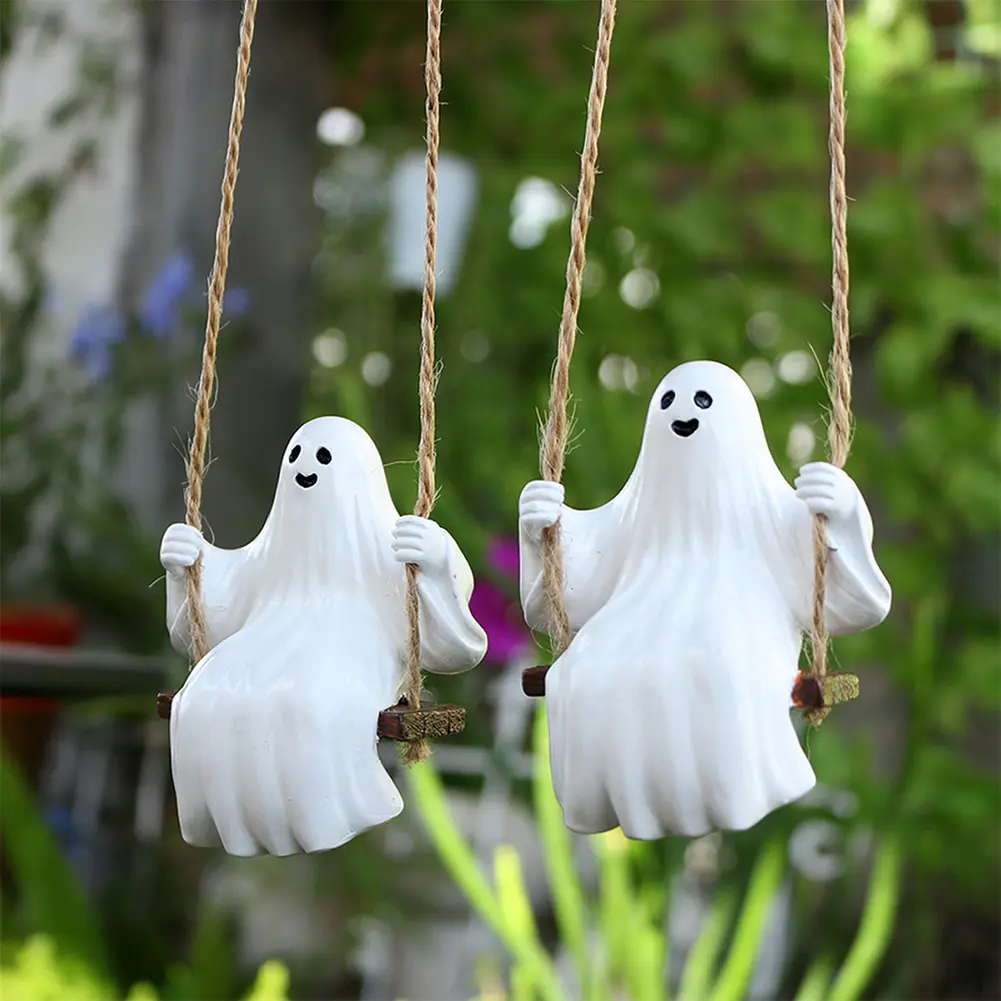 Halloween White Ghost Swing Statue Decor Cute Resin Ghost Couple on Swing Figurines Halloween Hanging Decor Gifts Garden Decor