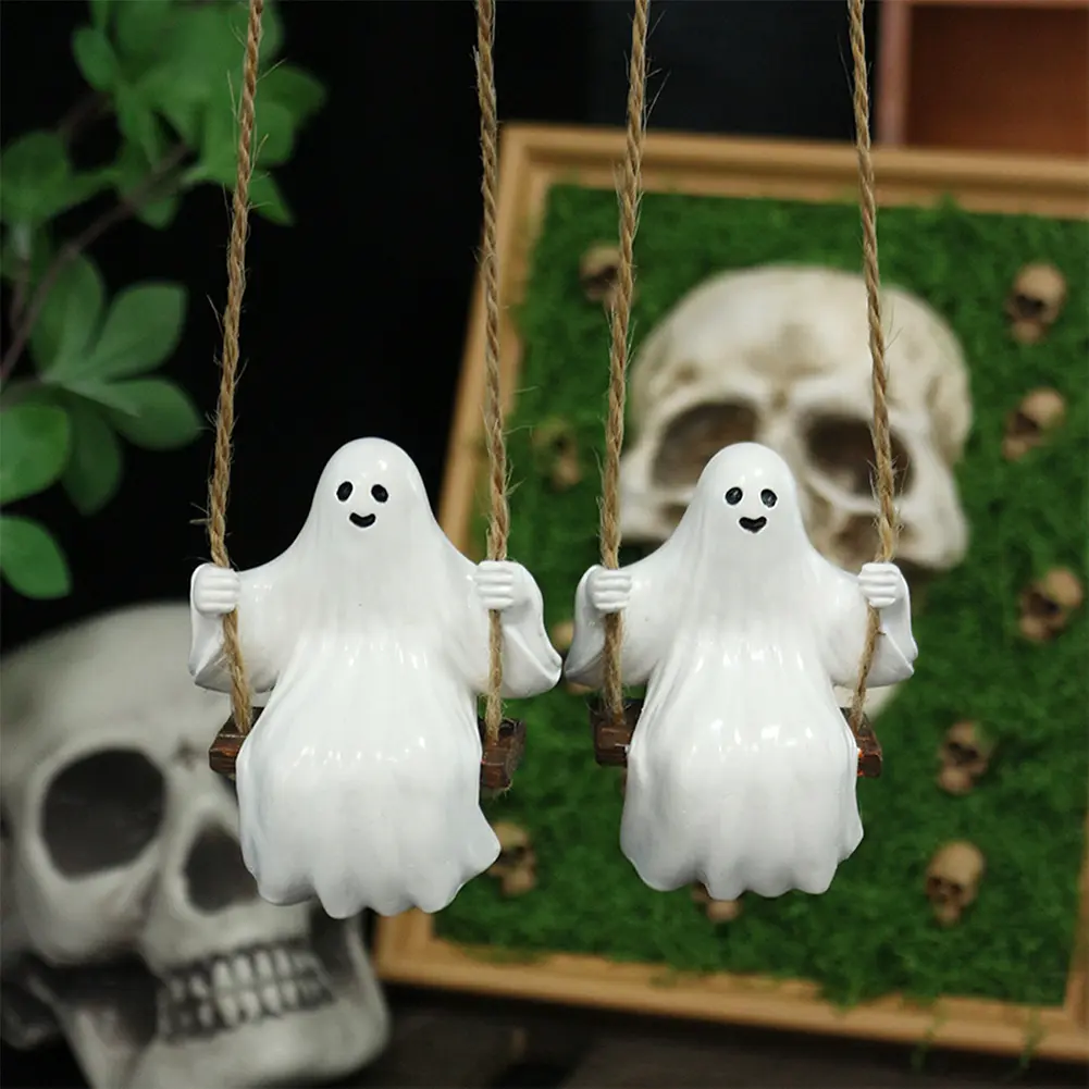 Halloween White Ghost Swing Statue Decor Cute Resin Ghost Couple on Swing Figurines Halloween Hanging Decor Gifts Garden Decor