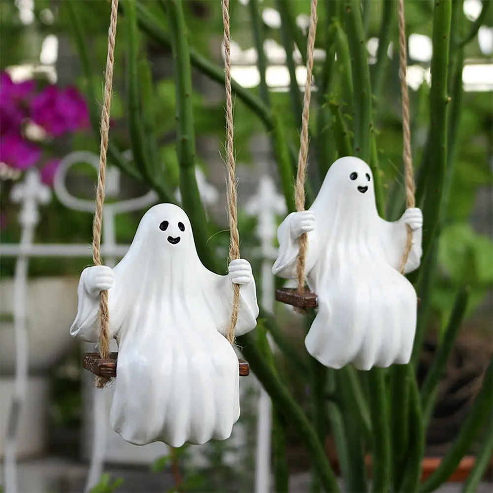 Halloween White Ghost Swing Statue Decor Cute Resin Ghost Couple on Swing Figurines Halloween Hanging Decor Gifts Garden Decor