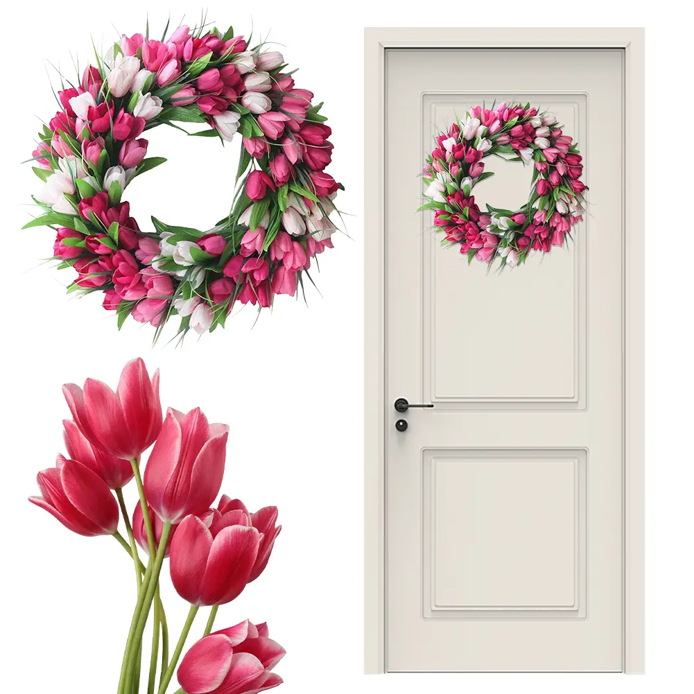 19.7 Inch Spring Wreath for Front Door Flower Wreath with Tulips Artificial Mothers Day for Wall Window Party Wedding Decor