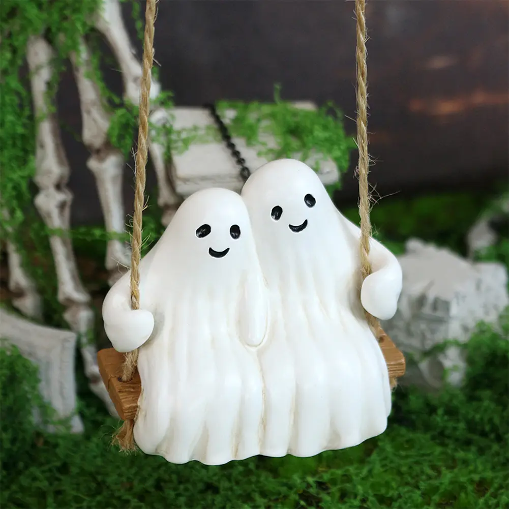 Halloween White Ghost Swing Statue Decor Cute Resin Ghost Couple on Swing Figurines Halloween Hanging Decor Gifts Garden Decor