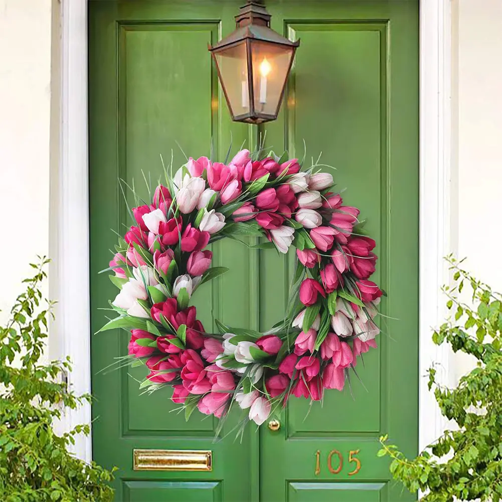 19.7 Inch Spring Wreath for Front Door Flower Wreath with Tulips Artificial Mothers Day for Wall Window Party Wedding Decor