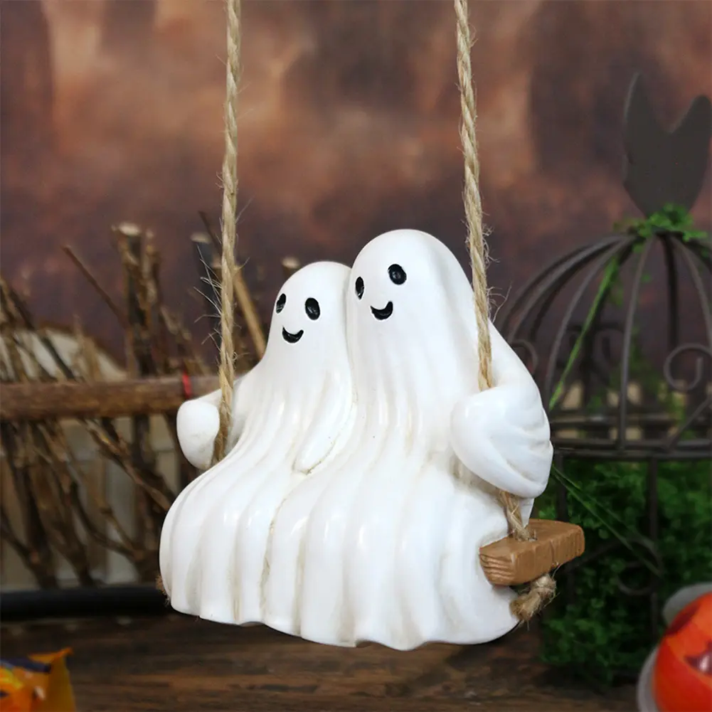 Halloween White Ghost Swing Statue Decor Cute Resin Ghost Couple on Swing Figurines Halloween Hanging Decor Gifts Garden Decor
