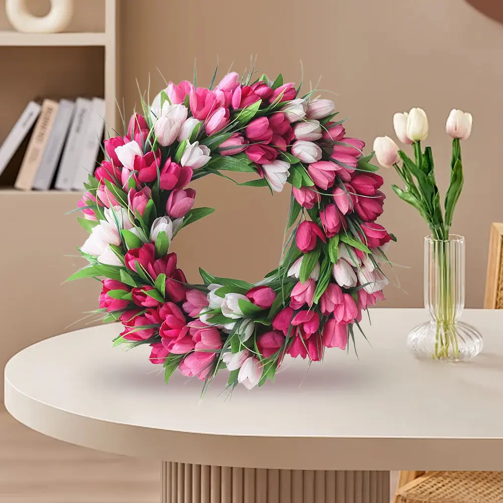 19.7 Inch Spring Wreath for Front Door Flower Wreath with Tulips Artificial Mothers Day for Wall Window Party Wedding Decor