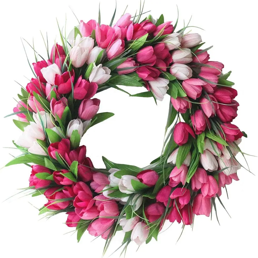 19.7 Inch Spring Wreath for Front Door Flower Wreath with Tulips Artificial Mothers Day for Wall Window Party Wedding Decor