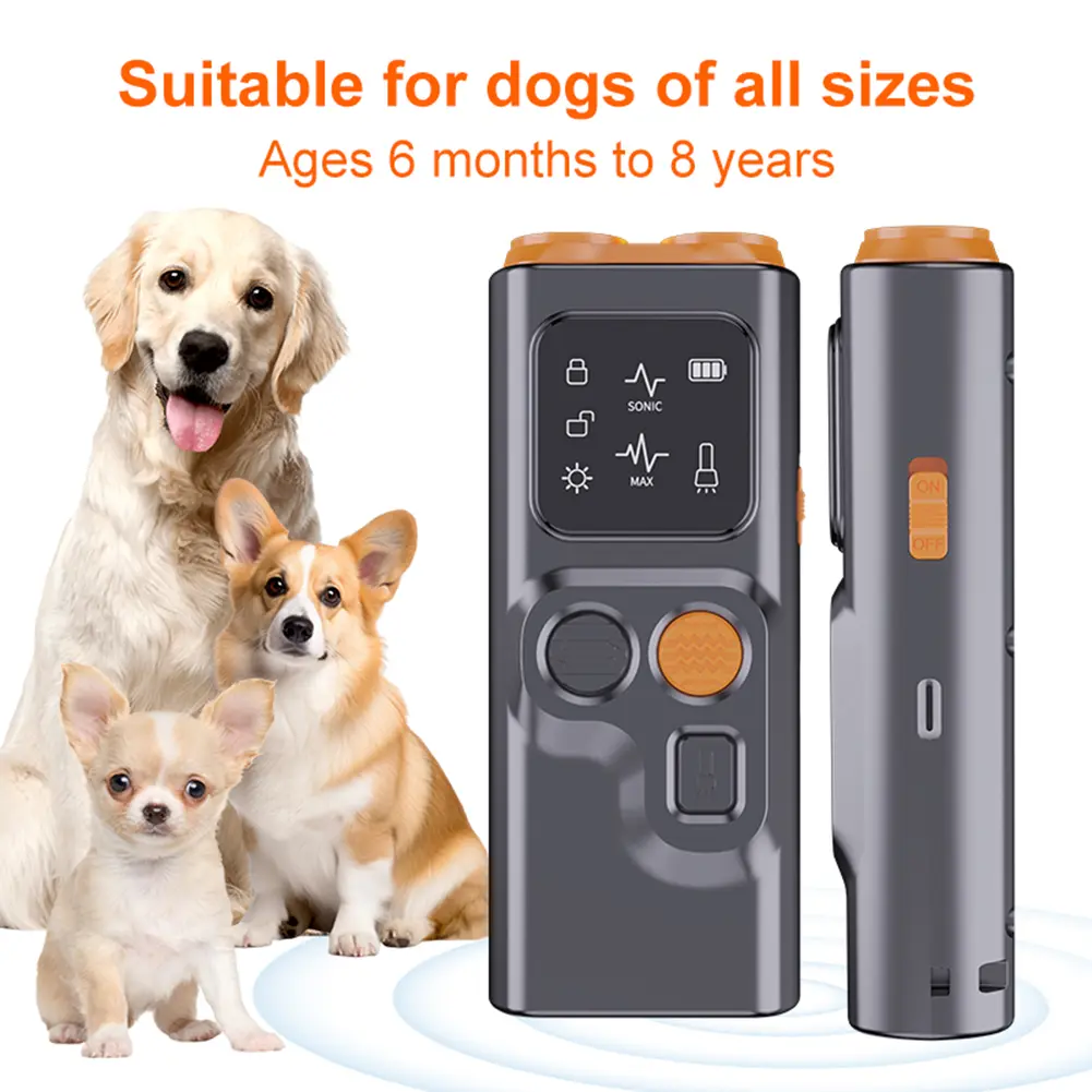 Ultrasonic Dog Bark Deterrent Device Rechargeable Anti-Barking Device Dog Chaser with LED Flashlight For All Size Dog Training