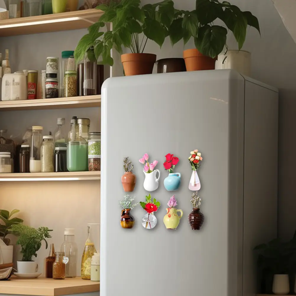 8pcs Cute Ceramic Vase Refrigerator Magnets 3D Refrigerator Stickers Decoration for Kitchen Office Whiteboard