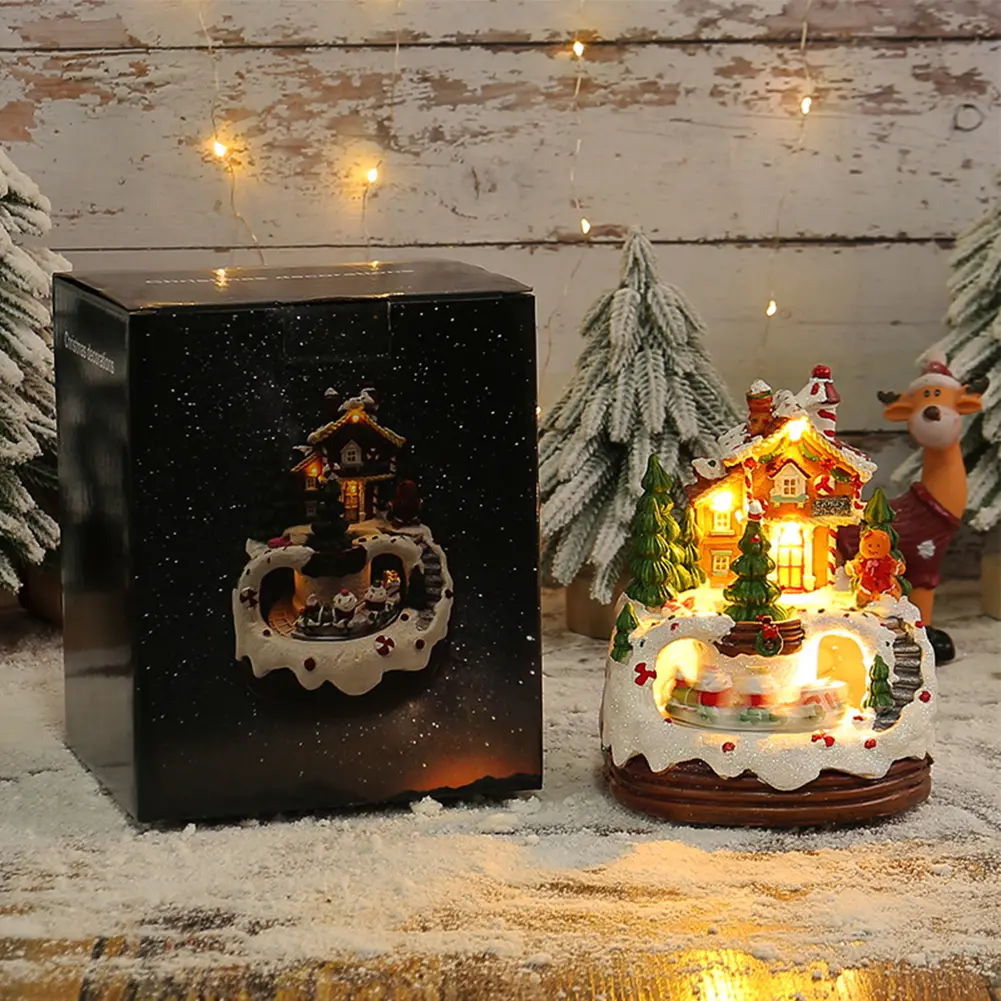 Christmas Music Box Glowing Music Box Rotating Winter Scene 6.3inch Snow House Figurine Home Tabletop Decoration Gift for Kids