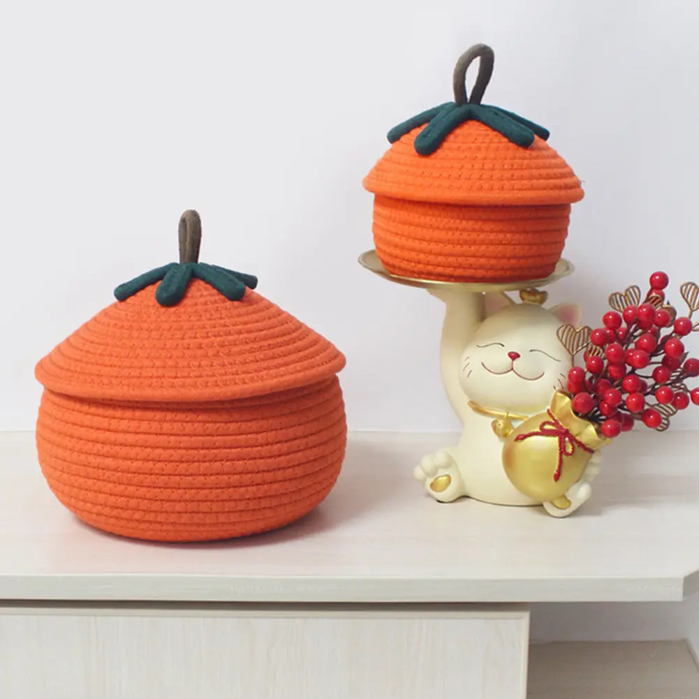 Halloween Woven Pumpkin Basket with Lid Candy Basket Multi-Function Storage Basket Decorative for Candy Snacks Toys