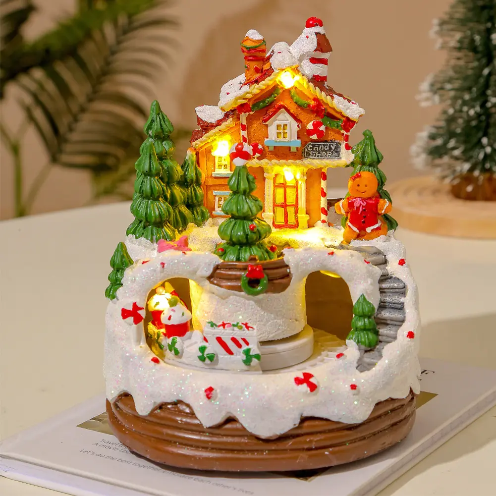 Christmas Music Box Glowing Music Box Rotating Winter Scene 6.3inch Snow House Figurine Home Tabletop Decoration Gift for Kids