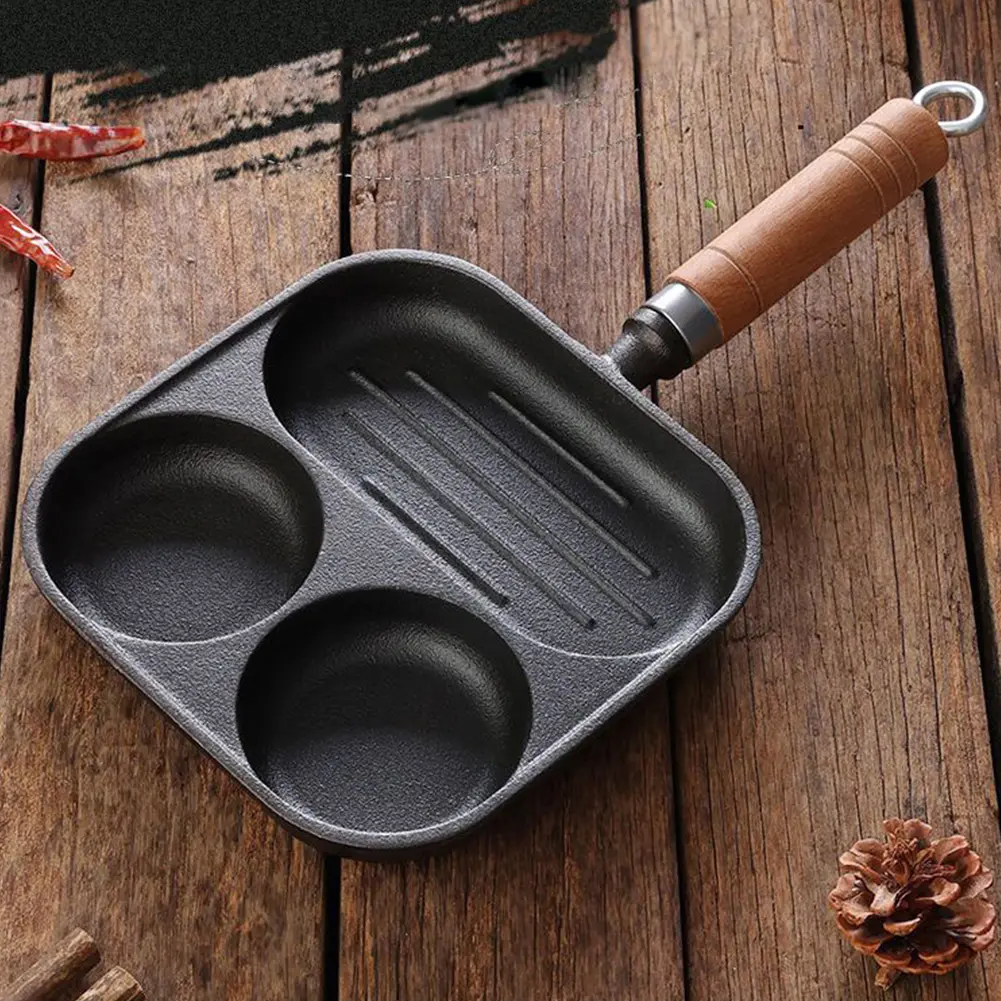 Cast Iron Cookware Pancake Pan 3 Section Divided Non-Stick Pan Skillet Egg Burger Maker Suitable for Gas Stove Induction Cooker