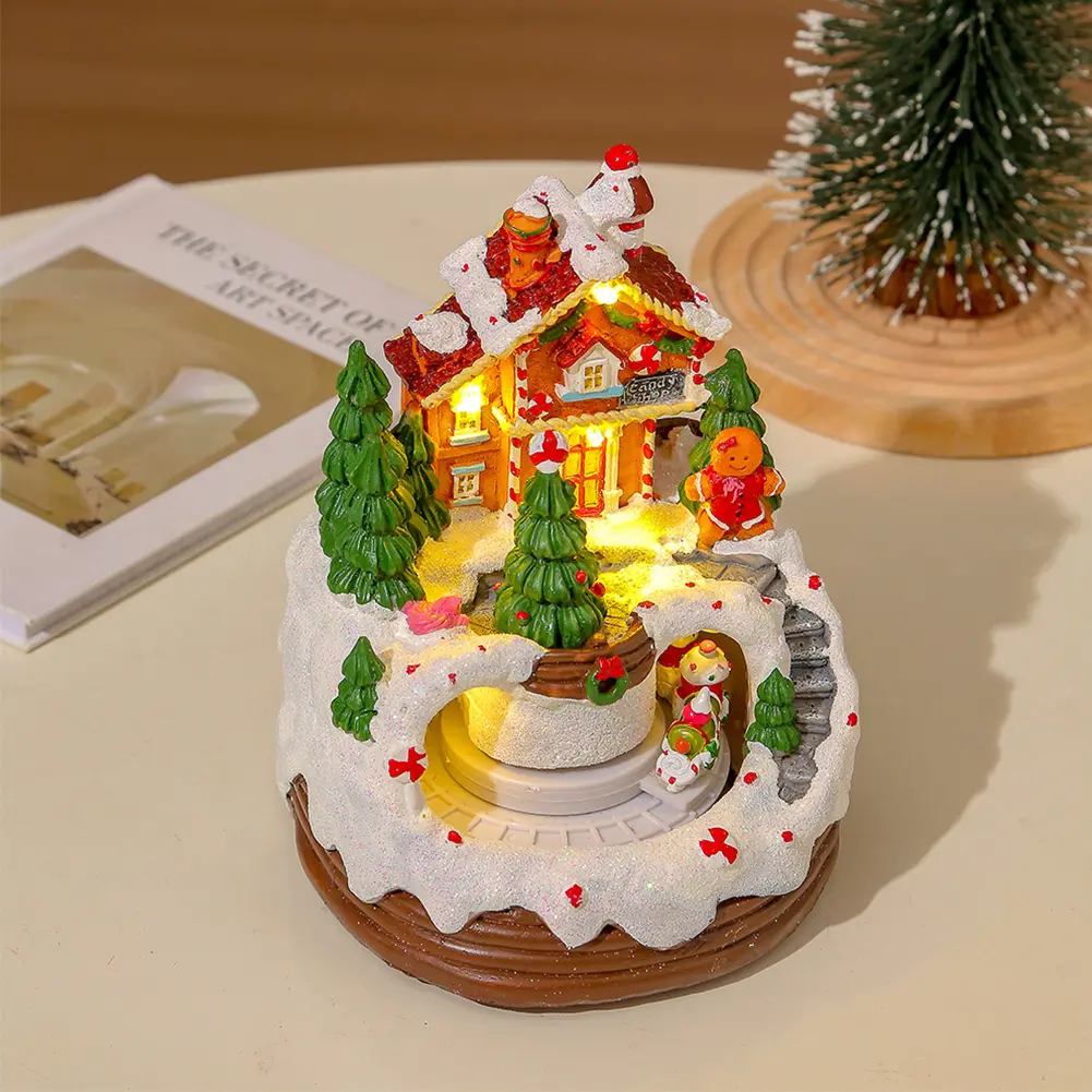Christmas Music Box Glowing Music Box Rotating Winter Scene 6.3inch Snow House Figurine Home Tabletop Decoration Gift for Kids