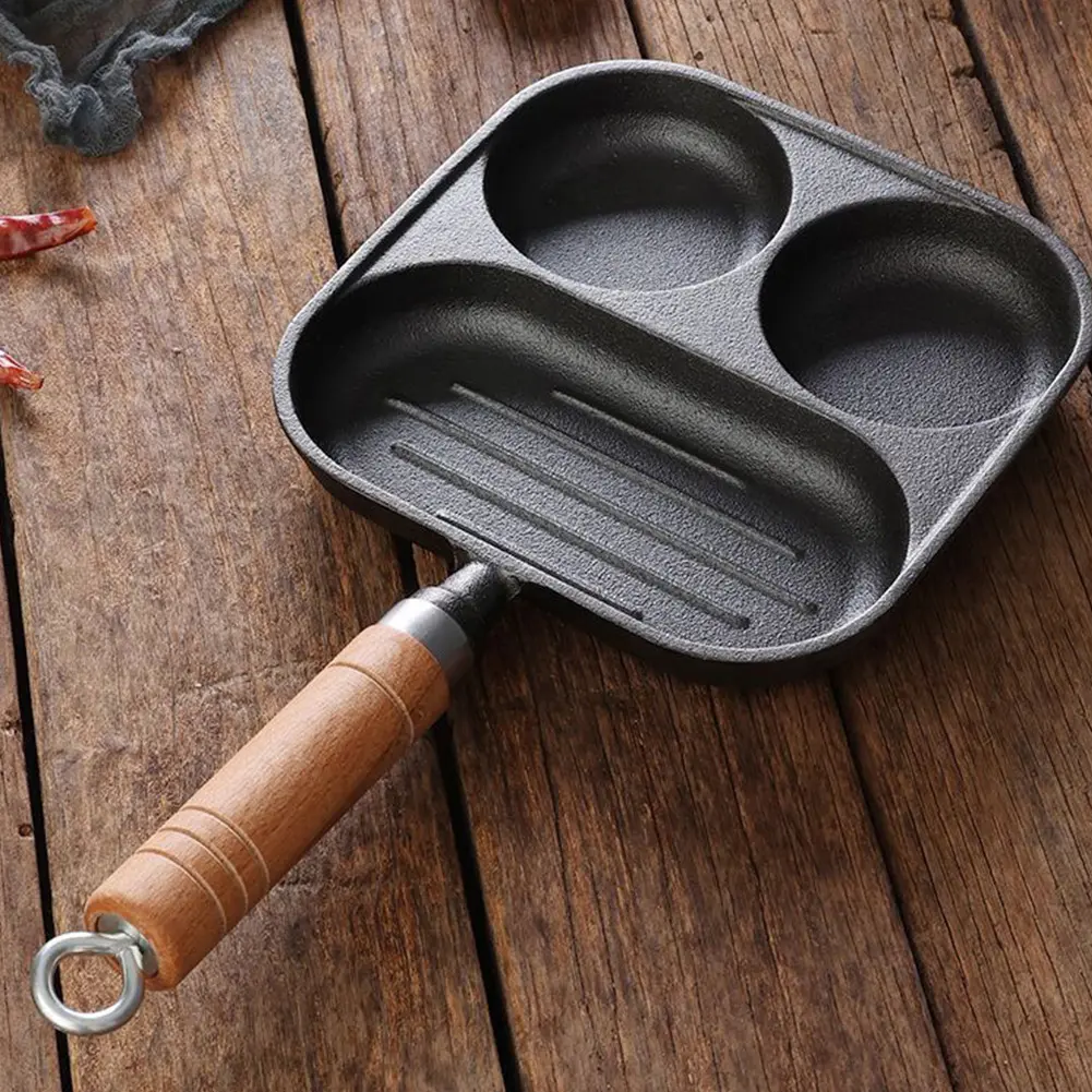 Cast Iron Cookware Pancake Pan 3 Section Divided Non-Stick Pan Skillet Egg Burger Maker Suitable for Gas Stove Induction Cooker