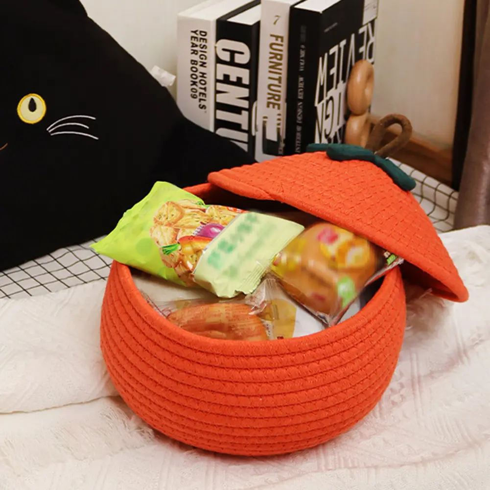 Halloween Woven Pumpkin Basket with Lid Candy Basket Multi-Function Storage Basket Decorative for Candy Snacks Toys