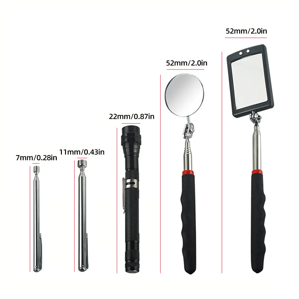 5Pcs Adjustable Pickup Rod Stick Set 360 Rotating Telescoping Magnetic Pickup Tool Set Round Square for Picking Up Nut Bolt