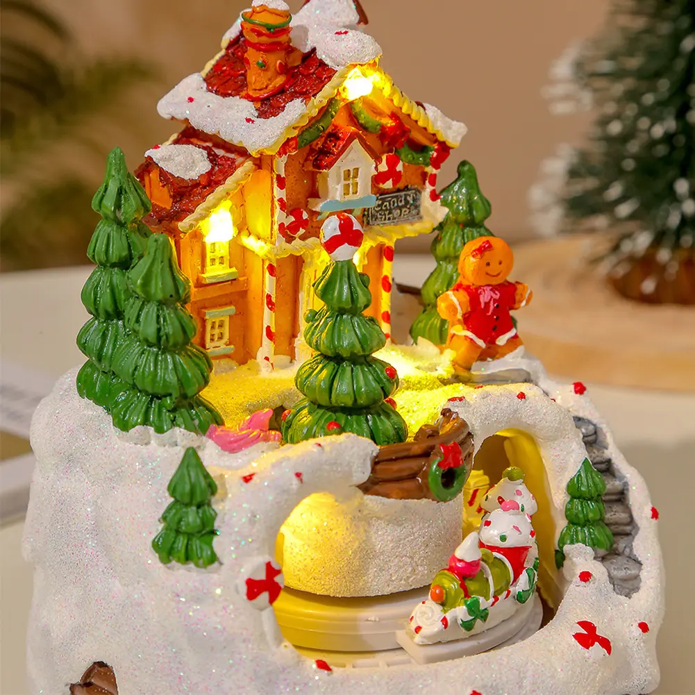 Christmas Music Box Glowing Music Box Rotating Winter Scene 6.3inch Snow House Figurine Home Tabletop Decoration Gift for Kids