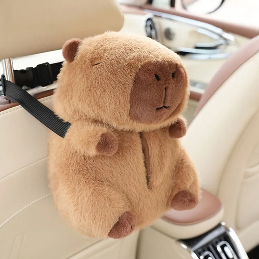 Cartoon Car Seat Back Paper Bag with Fix Strap Capybara Car Tissue Box Plush Cute Cartoon Car Tissue Box Car Portable Paper Case