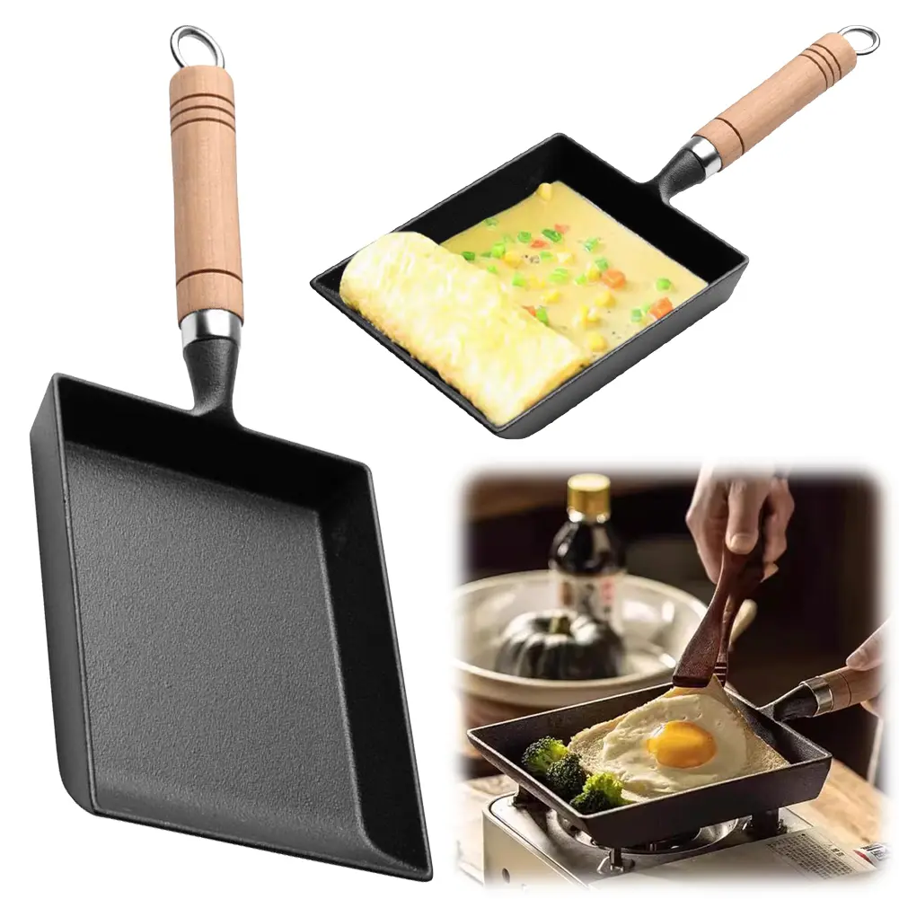 Non Stick Egg Pan Cast Iron Pan Wood Handle Versatile Frying Pan with Oil Brush And Shovel Egg Yaki Fry Pan for Home Kitchen