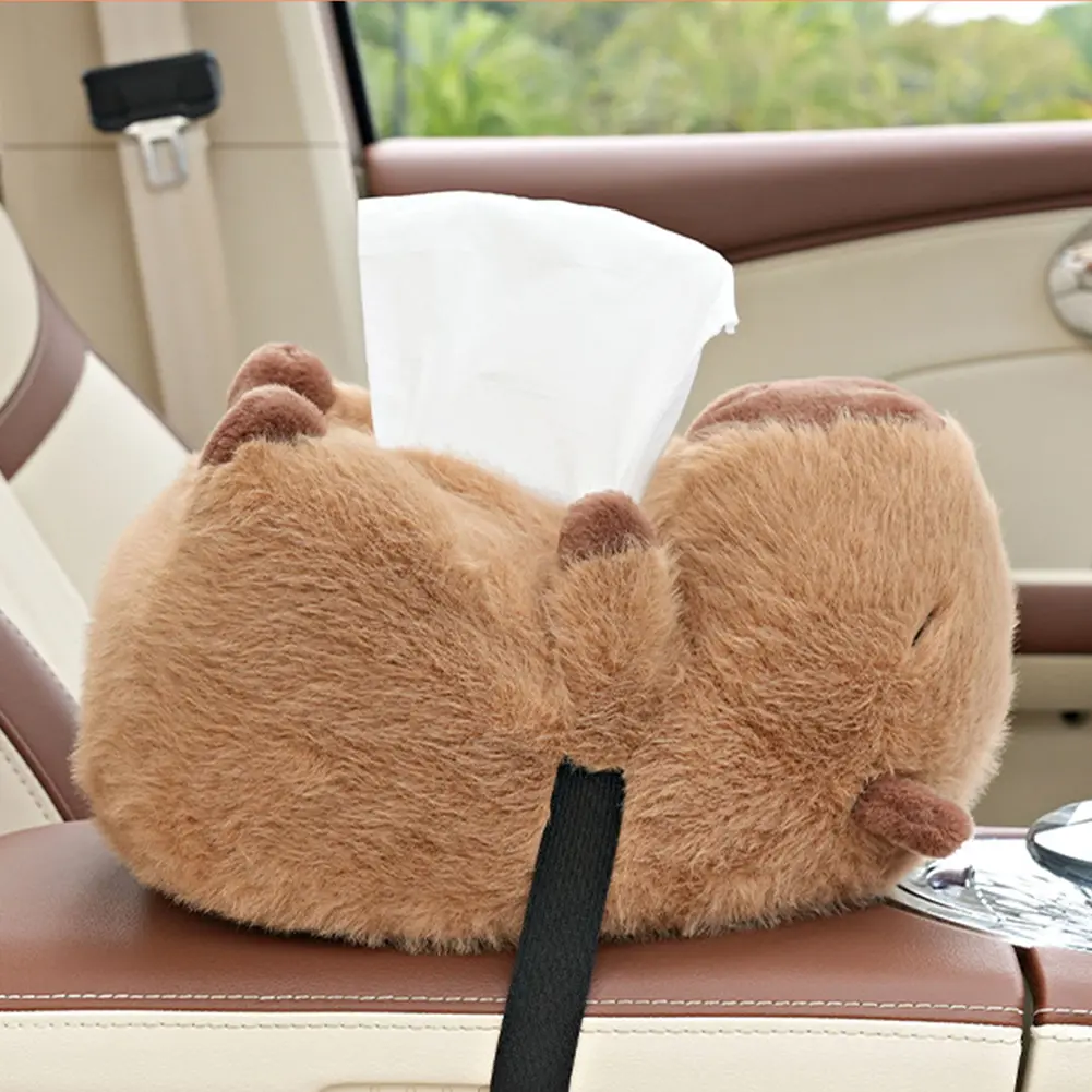 Cartoon Car Seat Back Paper Bag with Fix Strap Capybara Car Tissue Box Plush Cute Cartoon Car Tissue Box Car Portable Paper Case
