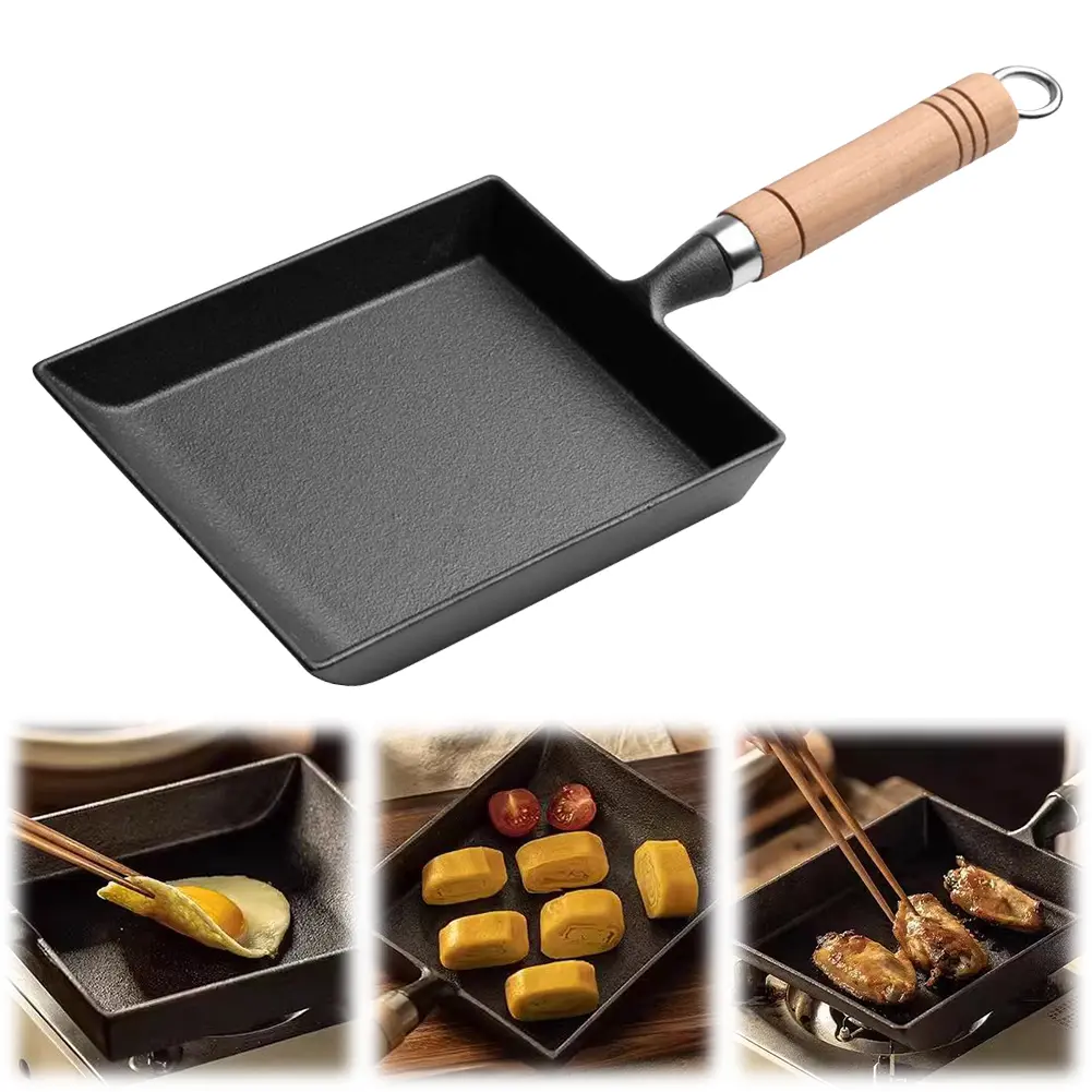 Non Stick Egg Pan Cast Iron Pan Wood Handle Versatile Frying Pan with Oil Brush And Shovel Egg Yaki Fry Pan for Home Kitchen