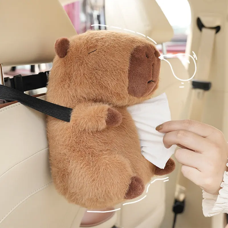 Cartoon Car Seat Back Paper Bag with Fix Strap Capybara Car Tissue Box Plush Cute Cartoon Car Tissue Box Car Portable Paper Case