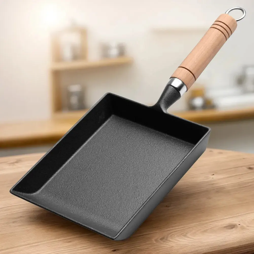 Non Stick Egg Pan Cast Iron Pan Wood Handle Versatile Frying Pan with Oil Brush And Shovel Egg Yaki Fry Pan for Home Kitchen
