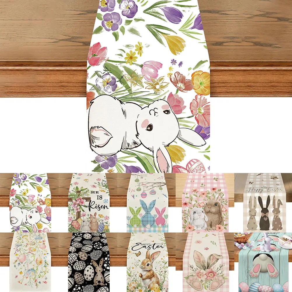 Easter Bunny Linen Table Runner Bunny Farmhouse Kitchen Dining Table Cloth Placemat Spring Table Runner Spring Easter Decoration