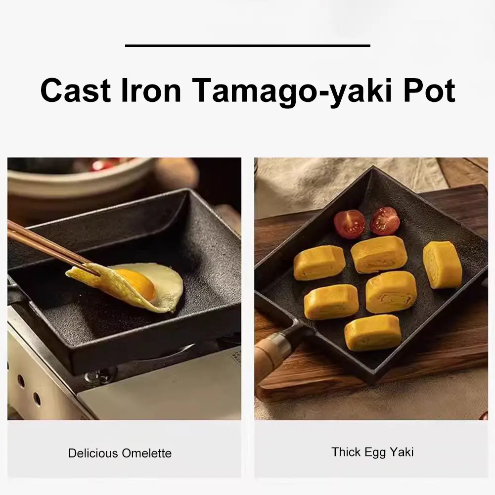 Non Stick Egg Pan Cast Iron Pan Wood Handle Versatile Frying Pan with Oil Brush And Shovel Egg Yaki Fry Pan for Home Kitchen