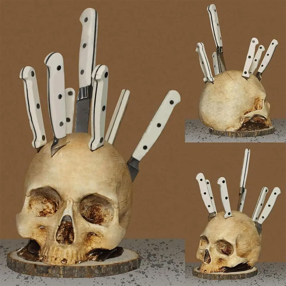 Kitchen Skull Knife Holder Resin Fruit Chopping Knife Stand Storage Rack Horror Skull Knife Rack Halloween Party Decoration