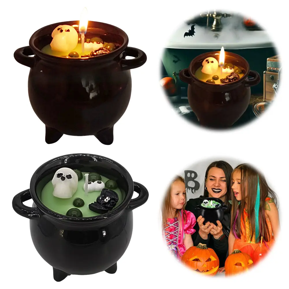 Halloween Witch Cauldron Candle Gothic Cauldron Bathing Skull Candle Spooky Halloween Skeleton Candle for Spooky Halloween Decor