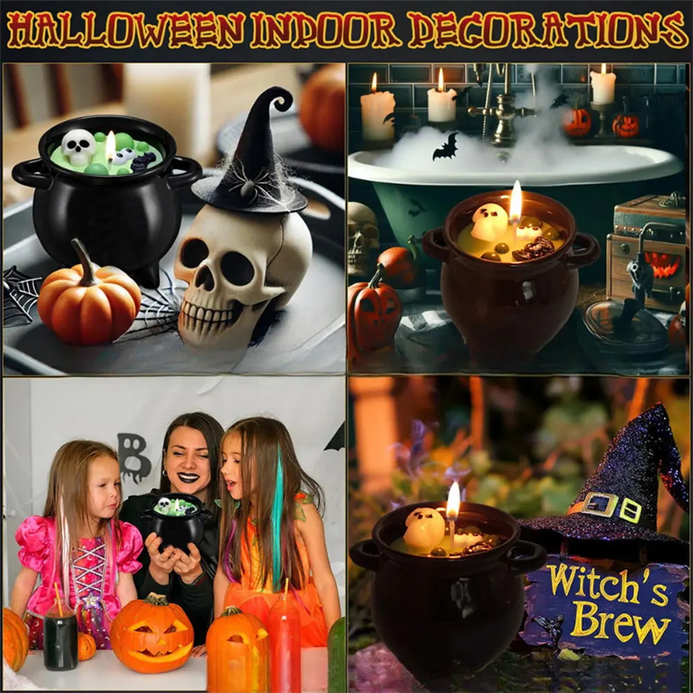 Halloween Witch Cauldron Candle Gothic Cauldron Bathing Skull Candle Spooky Halloween Skeleton Candle for Spooky Halloween Decor