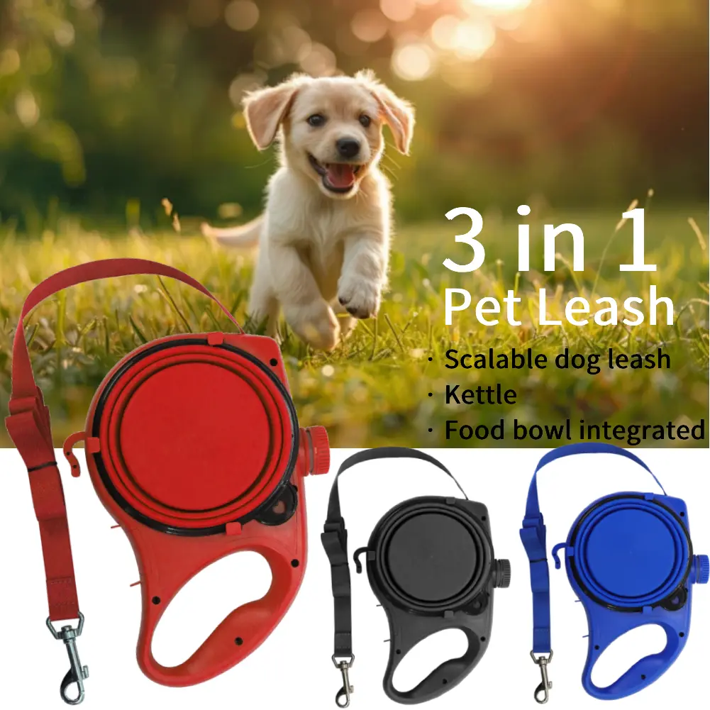 Three-In-One Outdoor Portable Pet Leash Retractable Dog Leash Dog Walking Leads with Water Bottle & Food Bowl for All age Dogs