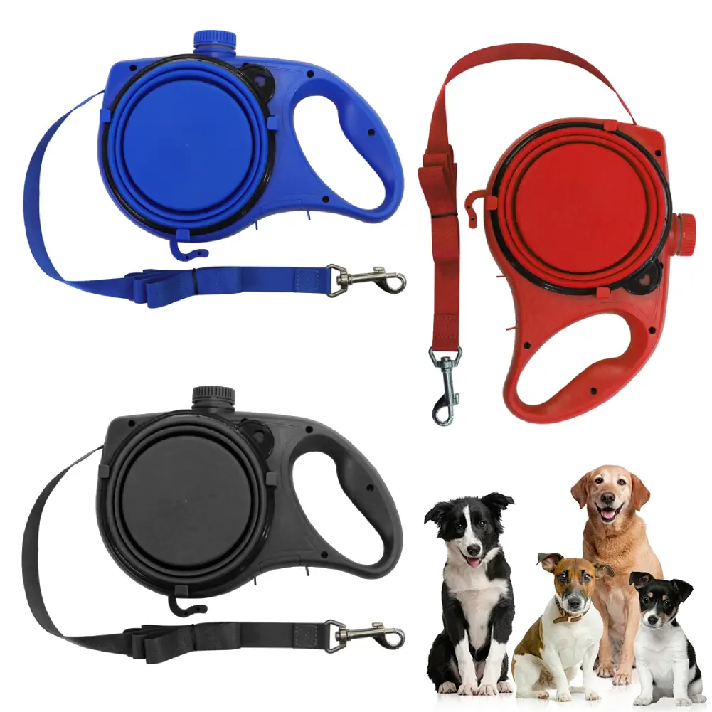 Three-In-One Outdoor Portable Pet Leash Retractable Dog Leash Dog Walking Leads with Water Bottle & Food Bowl for All age Dogs